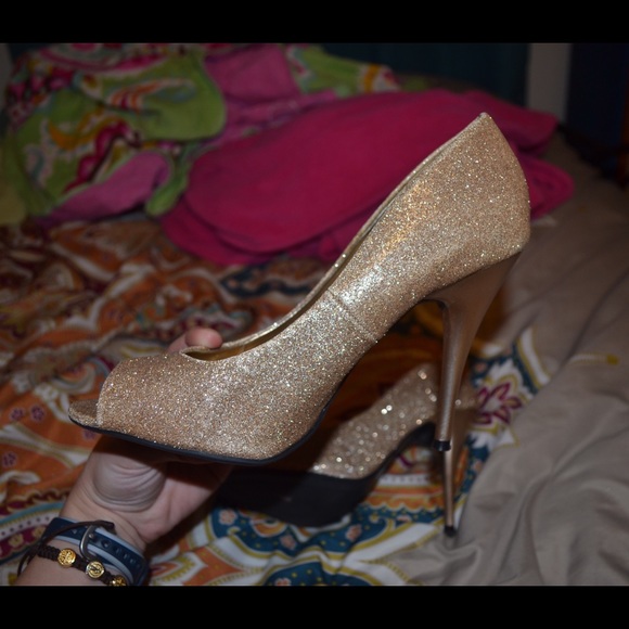 Peep toe sparkly gold heels