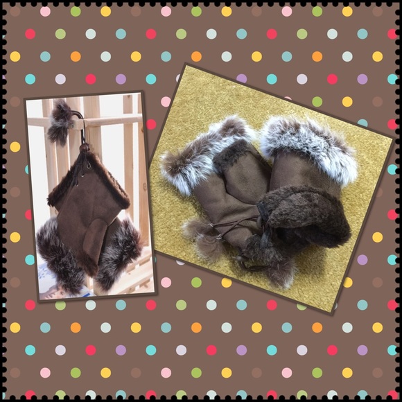 Faux suede rabbit fur wrist fingerless gloves - Picture 2 of 2