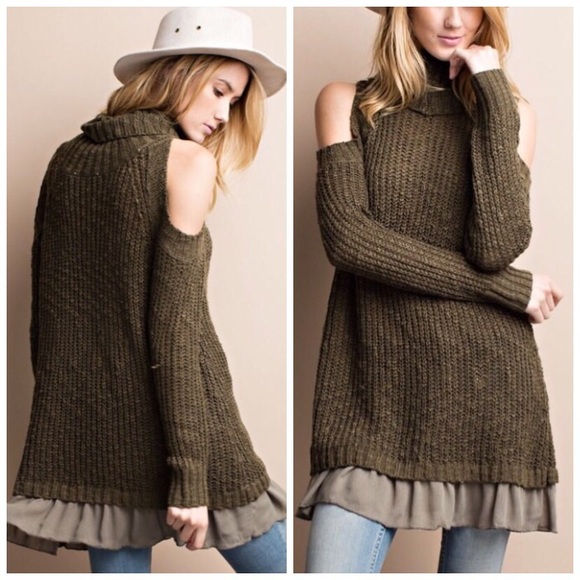 ❗️CLEARANCE❗️Olive Cold Shoulder Sweater S/M M/L - Picture 2 of 2