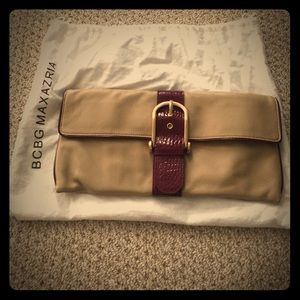 Bcbg maxazaria soft tan and maroon leather clutch