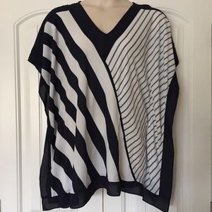 Handkerchief top, navy blue and white modern print