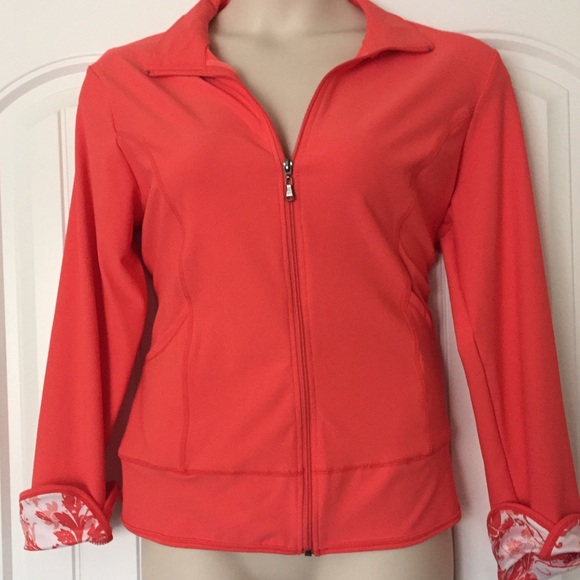 Zip front jacket with graphic sleeves, coral