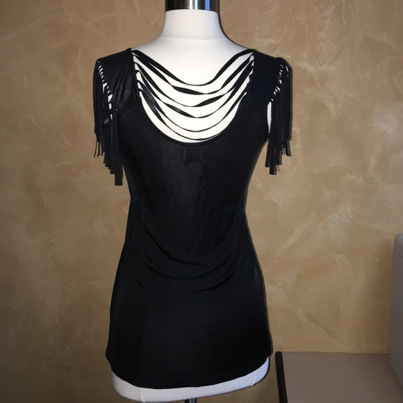 Awesome black blouse with suede fringe sleeves