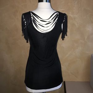 Awesome black blouse with suede fringe sleeves