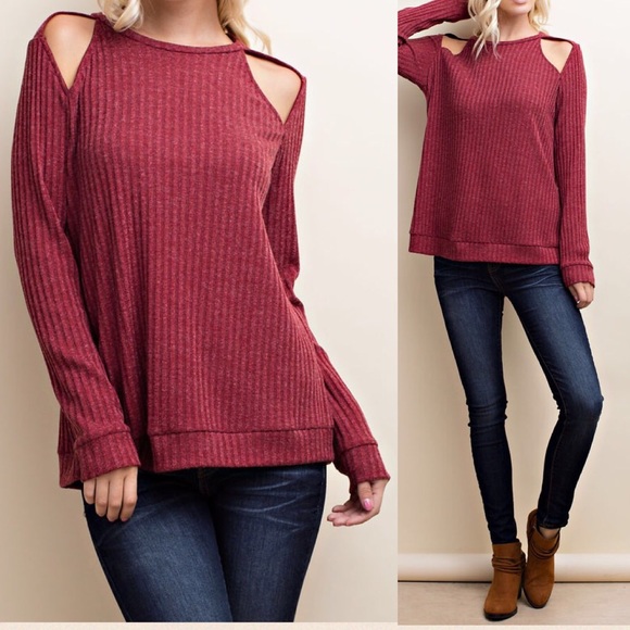 Pink Peplum Boutique Tops - 🆕 Burgundy ribbed arm shoulder cut out top