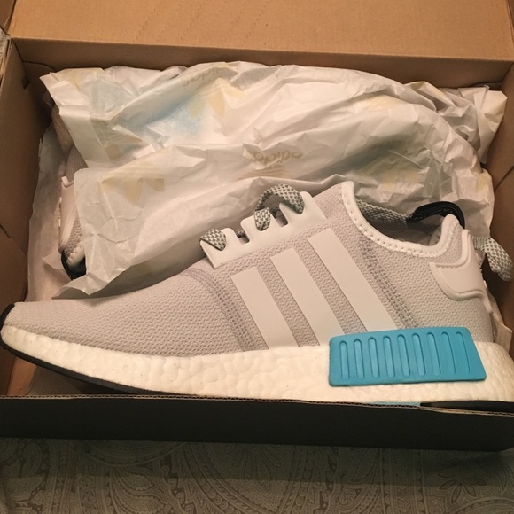 Adidas NMD_R1 white and bright cyan