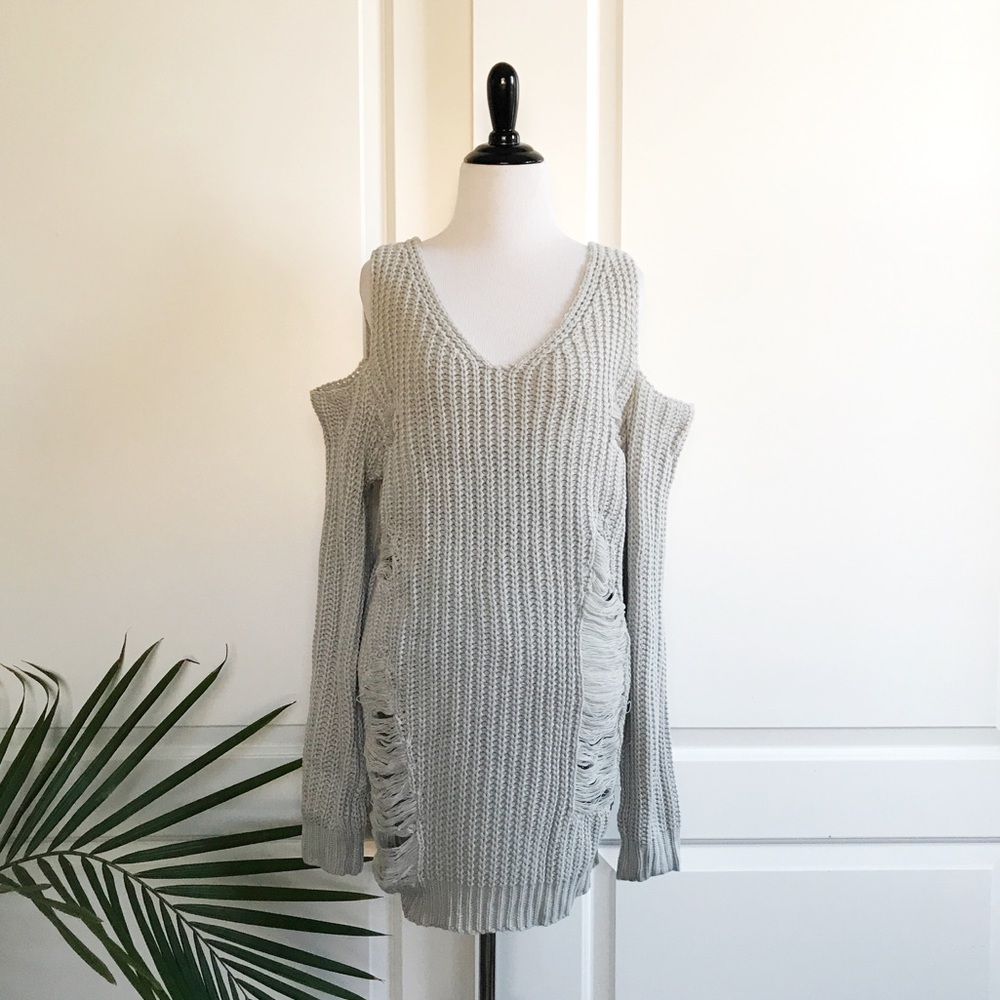 Cold Shoulder Shredded/Distressed Sweater Dress