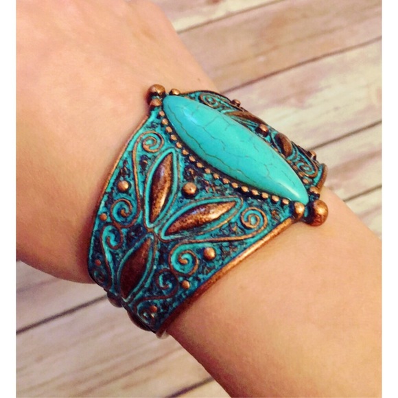 Faux Turquoise and Copper Filigree Cuff