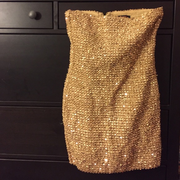 Gold sequin body con strapless dress
