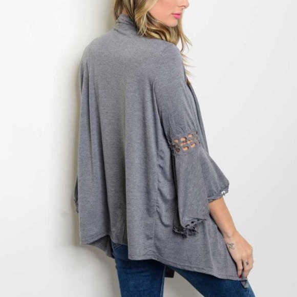 3 for $20🚨Bell Sleeve Lace Trim Gray Cardigan - Picture 3 of 4