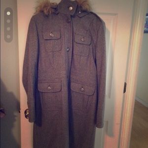 ESPRIT Long Gray Wool Coat Faux Fur Hood