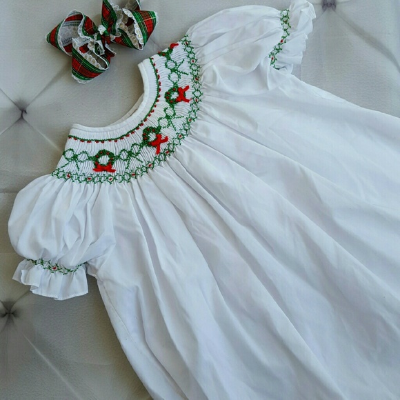 Heirloom Smocked Christmas Wreath Baby Gown