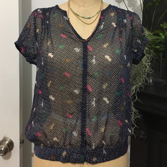 Sheer blue blouse bunny fish safari jungle pleated