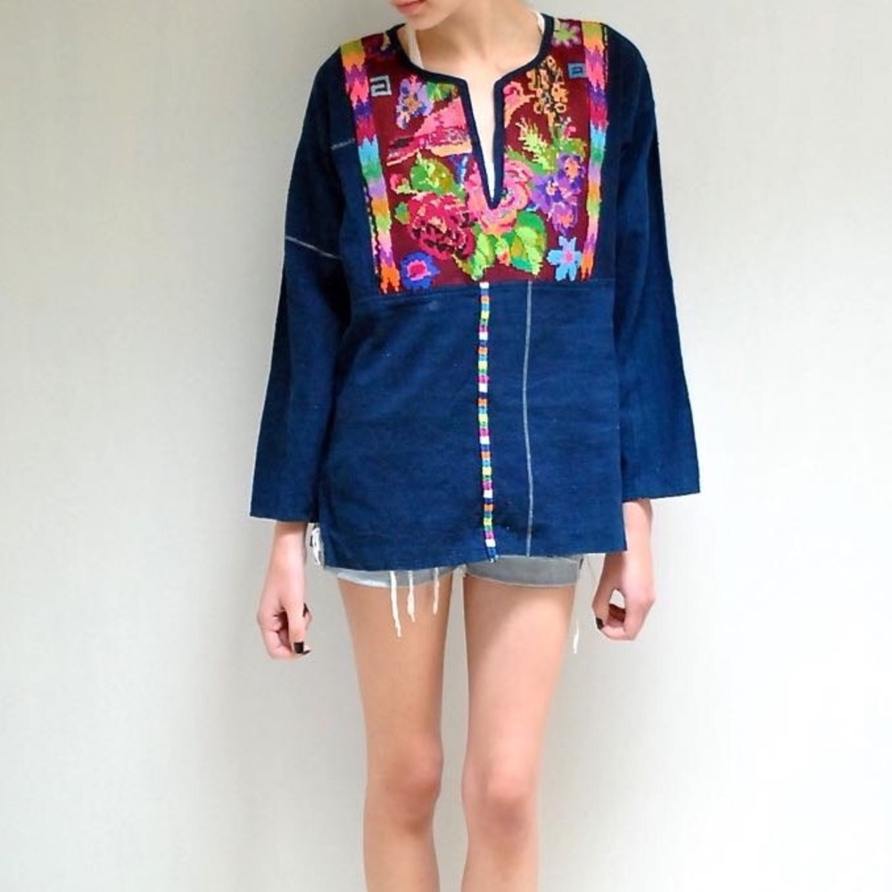 Vintage Indigo Embroidered Tunic Blouse Peasant