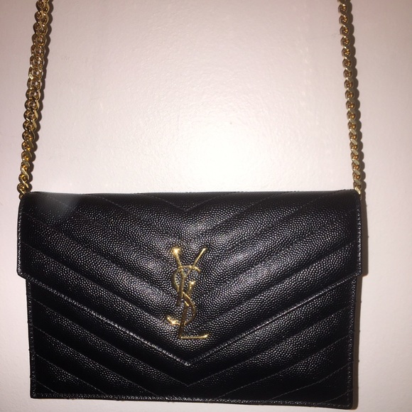 Authentic Saint Laurent small leather chain wallet