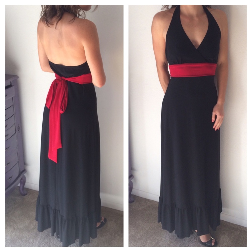 Long dramatic formal black dress with red sash