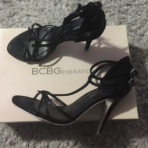 BCBG black satin heels