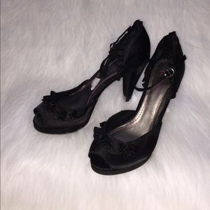 Fioni Peep toe black satin heels w/ ruffle detail