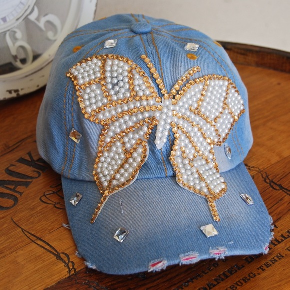 Pearl & Rhinestone Butterfly Distressed Denim Cap - Picture 2 of 3