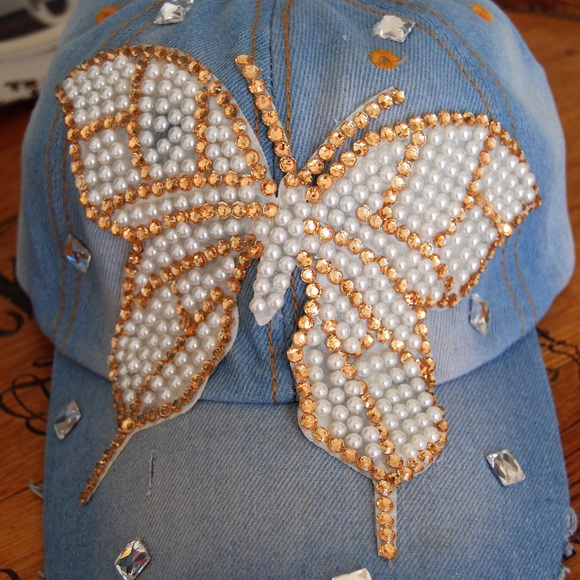 Pearl & Rhinestone Butterfly Distressed Denim Cap - Picture 3 of 3