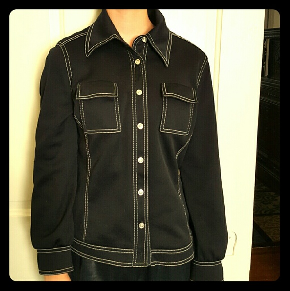 black jacket with white stitching