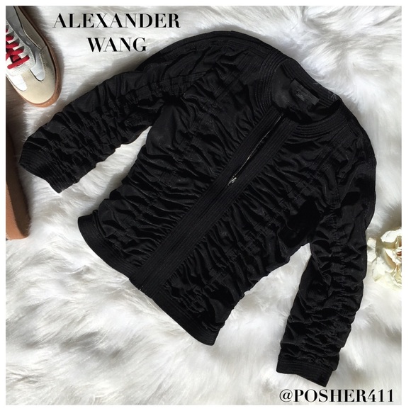 ALEXANDER WANG RUCHED STRETCH-TULLE BLACK JACKET