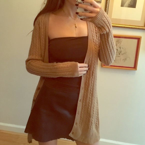 Tan 100% cashmere soft long cabled cardigan