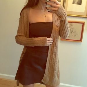 Tan 100% cashmere soft long cabled cardigan