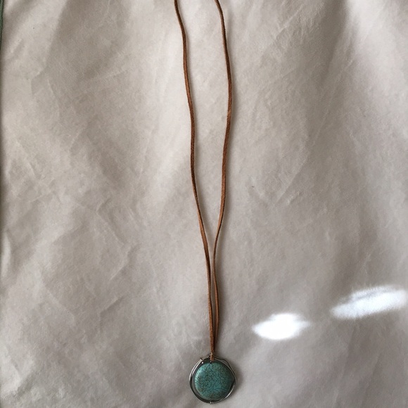 Handmade wire-wrapped turquoise pendant on tan - Picture 2 of 2