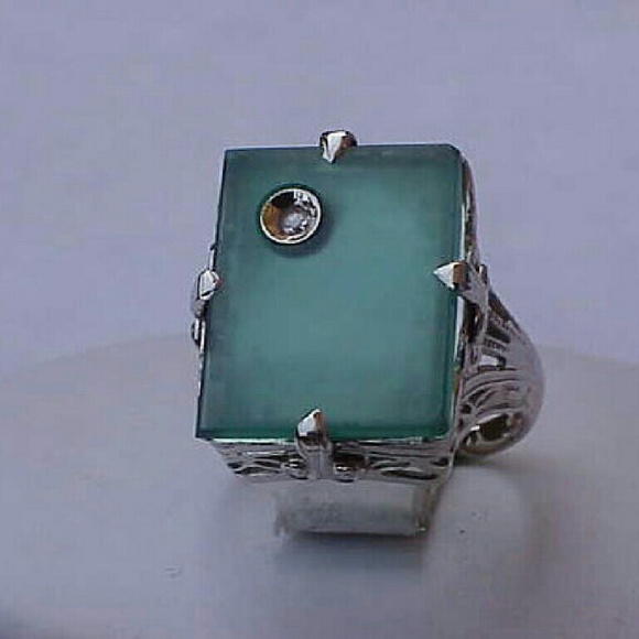 Antique 14k gold diamond chrysoprase filigree ring - Picture 4 of 6