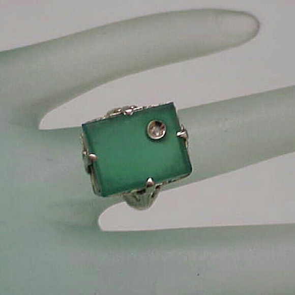 Antique 14k gold diamond chrysoprase filigree ring - Picture 6 of 6