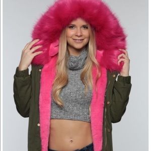 Faux pink fur hood jacket