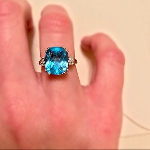 Cushion Cut Blue Topez Ring with 10 small diamonds
