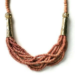 SOLD Brutalist Style Brass & Wood Bead Necklace