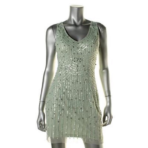 Aidan MattoxGreen Mesh Sequined Party Cocktail - Picture 1 of 4