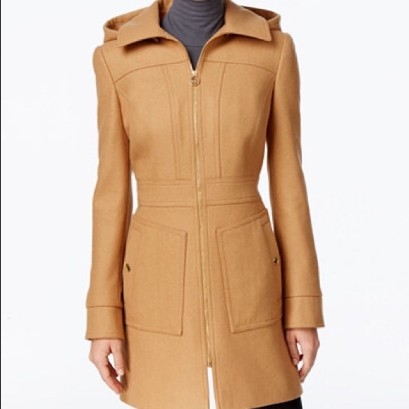 Michael Khors Wool Hoodie Coat in Camel