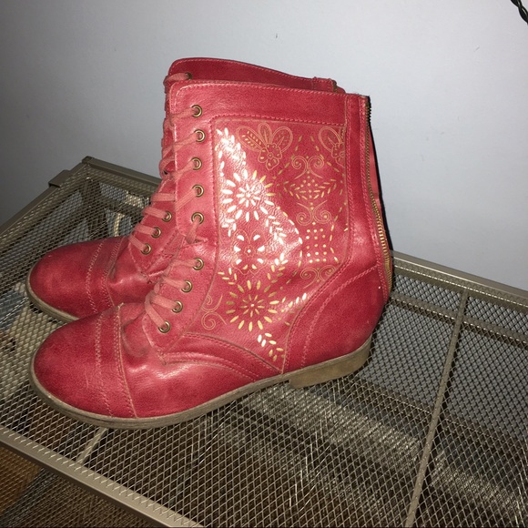 red and gold combat boots