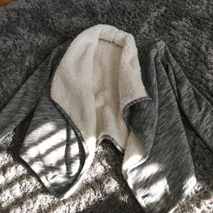 grey and white fuzzy sweater