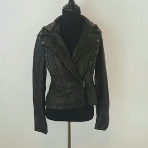 Free People Hooded faux leather moto jacket