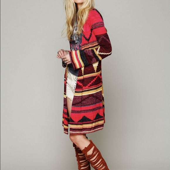 Long red patterned free people hooded cardigan
