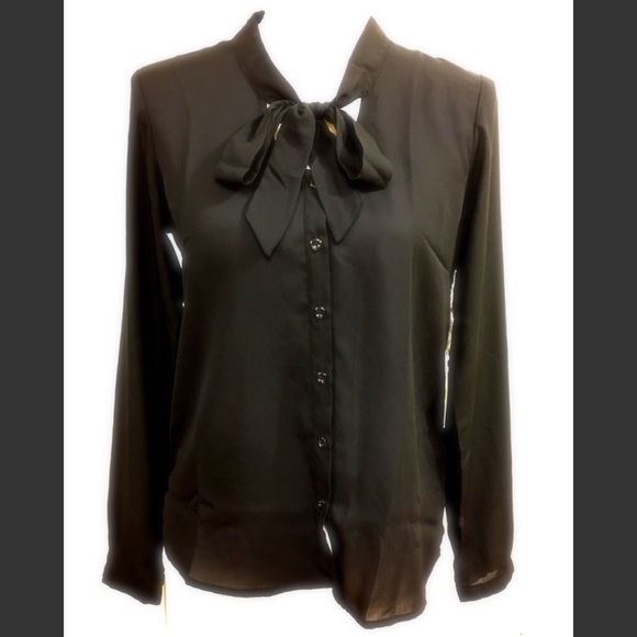 Black Bow Tie Long Sleeve Chiffon Blouse