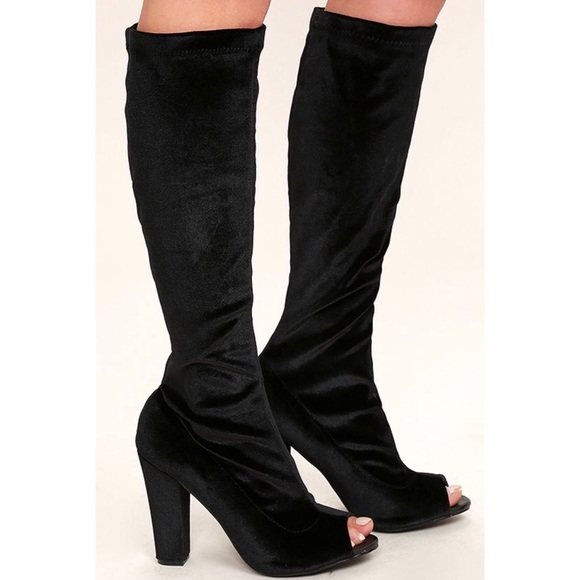 Velvet Peep Toe Boots (Knee High) - Picture 5 of 6