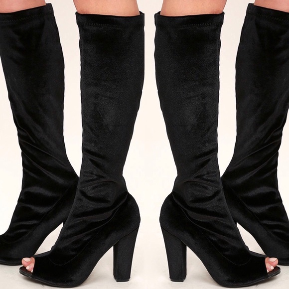 Velvet Peep Toe Boots (Knee High) - Picture 2 of 6