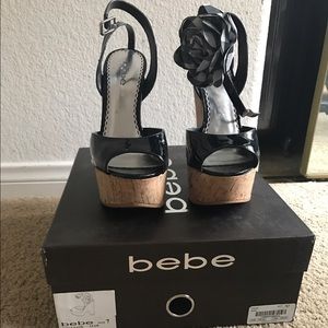 Bebe black and cork wedges