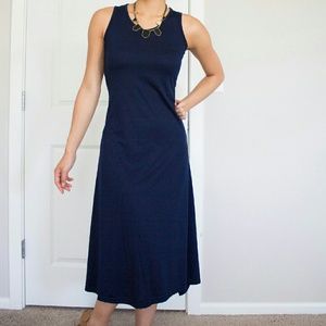 Navy blue sleeveless maxi dress w/low V mesh back