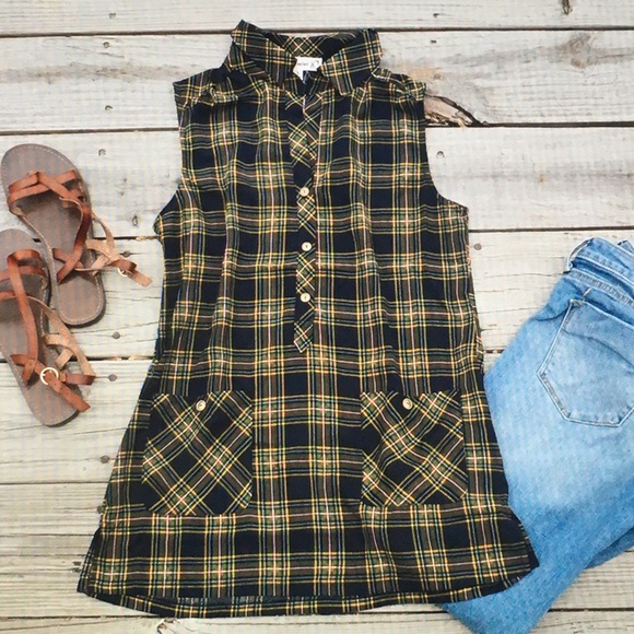 🍃Blue/green🍂plaid sleeveless pocket button shirt