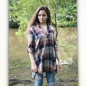 🎍Brown/blue🎍 checkered 3/4 sleeve tunic
