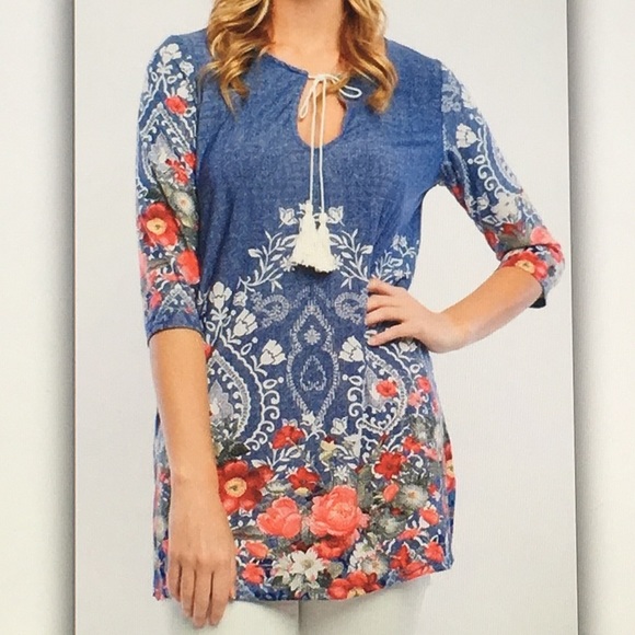 🍰Blue floral🍬embroidered print tie blouse