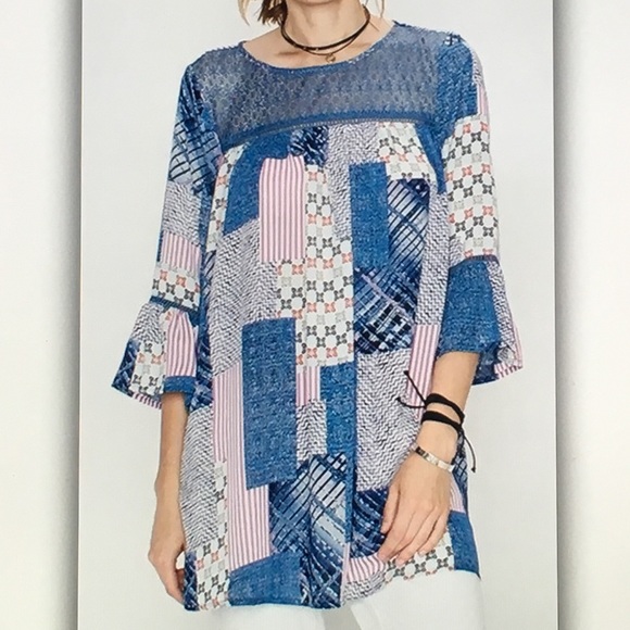 🐋Blue/pink🐋patchwork 3/4 sleeve blouse