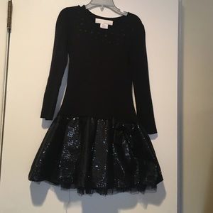 Kids black dress with sequined skirt and bow